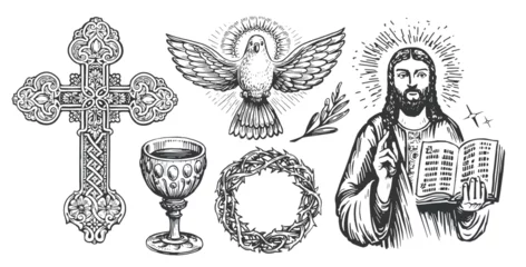 Fotobehang Faith in God concept sketch. Worship, church, religious symbols in vintage engraving style. Vector illustration © ~ Bitter ~