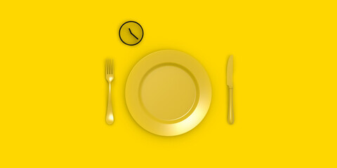 Weight loss concept. Diet. Meals according to the schedule. A clock on a plate. Horizontal image. Vertical banner for insertion into site. 3D image. 3D rendering.