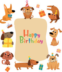 Funny cartoon dogs for birthday card or party invitation. Vector illustration