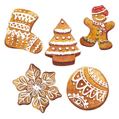 Watercolor Christmas cookies.Sweet gingerbread New Year cookies.A set of isolated Christmas cookies.The gingerbread man.Pine tree star snowflake cookies. Hand-drawn delicious Christmas illustration.