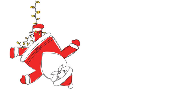 Santa Claus tangled up in a garland. Line art one continues line with red color. Vector illustration.