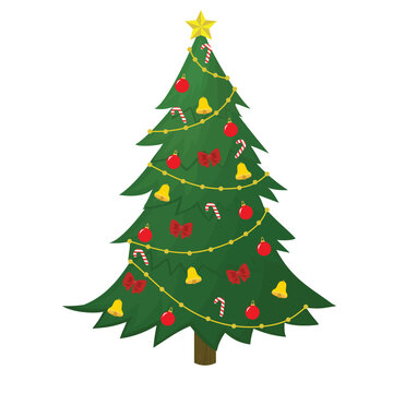 Christmas tree with decoration isolated on white background. Vector illustration.