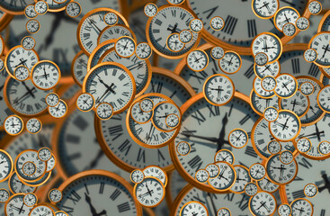 Large set of vintage clock faces. Texture of time, Elegant collection. 3d illustration