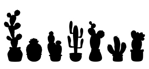 Set of black cactus silhouettes in pots