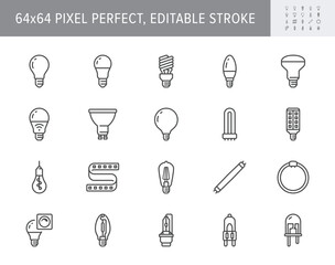 Light bulb line icons. Vector illustration include icon - led, diode, reflector, spiral, halogen, compact fluorescent, incandescent outline pictogram for lamp. 64x64 Pixel Perfect, Editable Stroke