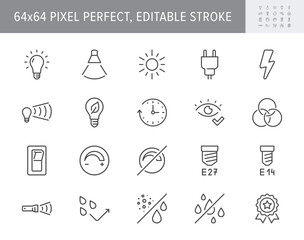 Lamp properties line icons. Vector illustration include icon - brightness, beam angle, electric plug, lumen, flashlight, dimmer outline pictogram for light bulb. 64x64 Pixel Perfect, Editable Stroke - obrazy, fototapety, plakaty
