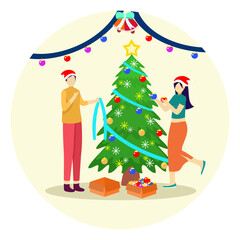 Men and women celebrating Christmas.Vector illustration of people decorating a Christmas tree with ball lights. christmas bells. flat illustration design