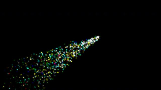 Christmas and New Year illumination. A cone of multi-colored sparkling lights flying diagonally on a black background.
