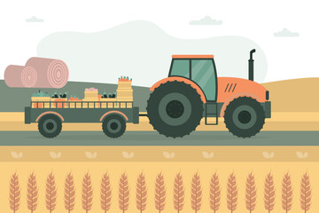 Tractor with trailer carries freshly harvested fruits and vegetables. Rural landscape, ranch. Delivery of fresh farm food to the store. Ecological, organic food. Agricultural industry.