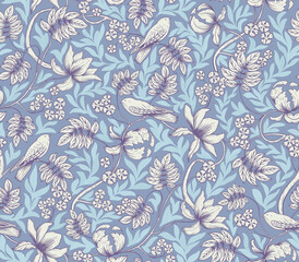 Floral ornament with birds on the branches. Seamless pattern with birds and flowers. - 545965609