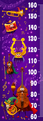 Kids height chart ruler. Wizard and fairy musical instrument characters between music waves and sounds. Kids height measure ruler or vector meter with funny trumpet, drum and lyra, violin, bass, horn