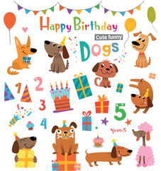 Funny cartoon dogs and design elements for birthday card or party invitation. Vector illustration