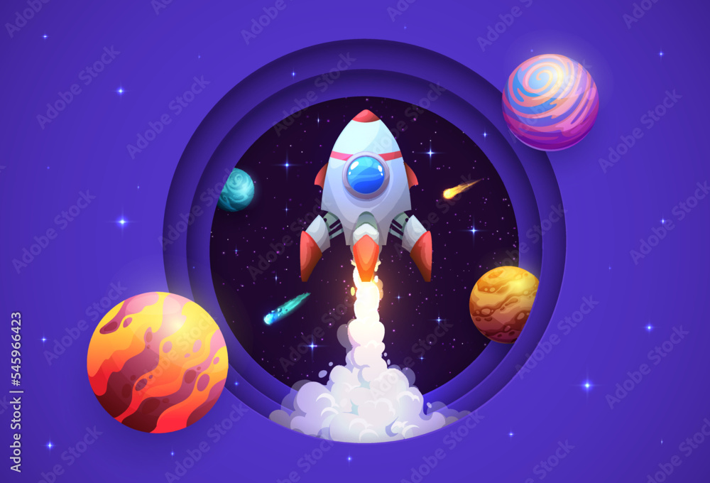 Poster Space paper cut rocket launch and galaxy planets. Vector 3d layered papercut round frame with cartoon rocket, shuttle or spaceship on dark space background with stars, planets, asteroids and meteors