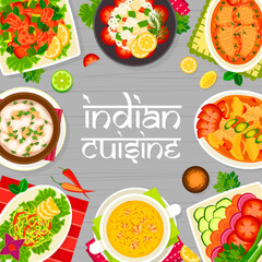 Indian cuisine restaurant menu page cover template. Fish curry, vegetable Bund Gobhi and Kachumber salads, Goan salmon curry, almond Badam Shorba and corn lentil soups, rice Kedgeree, chicken curry