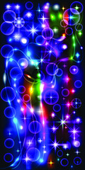 Illustration space background wallpaper for phone with bright glowing stars and waves