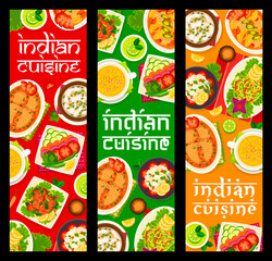 Indian cuisine restaurant meals banners. Chicken curry, vegetable salad Bund Gobhi, Goan salmon curry, corn lenti and Badam Shorba soups, fish curry, Kedgeree and tomato cucumber salad Kachumber