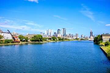 愛知県名古屋市　中川運河と名古屋駅高層ビル群の遠景