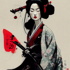 An Ink Japanese Art Illustration of a Geisha holding a Katana