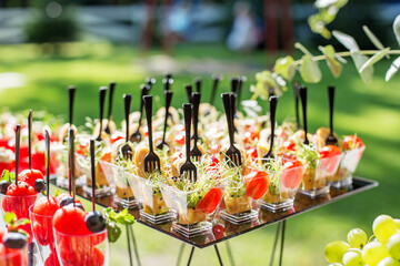 catering buffet table with snacks and appetizers. Tasty appetizers served in glass jars