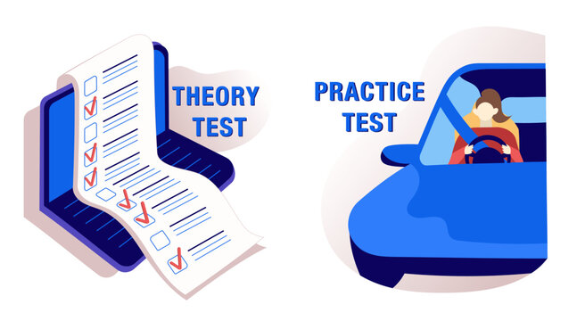 Driving School Exams, Theory And Practice Test. Pass The Test Online, Paper Form And Laptop. Online Education. Woman Driving A Car With Safety Belt. Flat Vector Illustration.