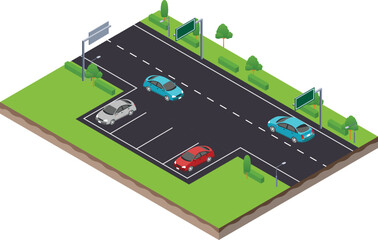 isometric scene of parking spot in highway traffic road with car