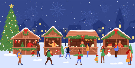 Christmas market. Vector illustration of festival stand and wooden kiosk with people, pine tree, sweets, gifts. Winter holiday fairs decorating fir-tree branches, garlands. Traditional marketplace