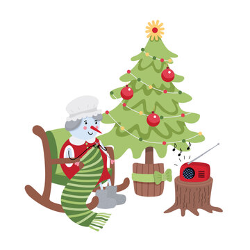 Snowman grandma knitting and listening to music in rocking chair near Christmas tree. Vector flat illustration isolated on white. Great for New Year and Xmas greeting cards. Winter cozy design