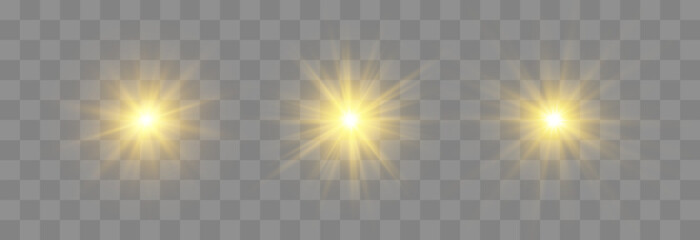 Set of glow light effect, Bright sun. Vector transparent sunlight, special flash light effect. Sun or spotlight beams. Bright flash. Light PNG. Decor element isolated on transparent background.