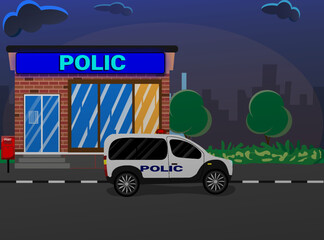 Police station with polic car. Vector illustration isolated on background. Police station vector illustration