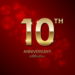 10th Anniversary Celebration. Golden number 10 with sparkling confetti and glitter for celebration events, wedding, invitation, greeting card. Vector illustration