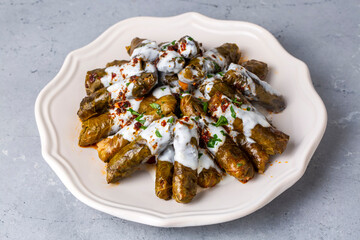 Delicious dolma (sarma) stuffed grape leaves rice, white yogurt sauce. Lebanese dolma sarma on plate. Lebanon turkish greek middle eastern cuisine. (Turkish name; Yaprak sarma)