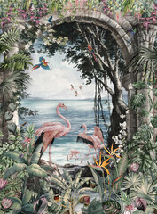 Fototapeta premium wallpaper tropical arch wall palm trees, birds flamingo and parrot in the Beach landscape with flying butterflies.