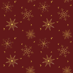 Naklejka na ściany i meble Digital seamless pattern of golden snowflakes on a red background.