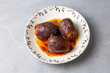 Traditional delicious Turkish foods; eggplant stuffed (patlican dolmasi)