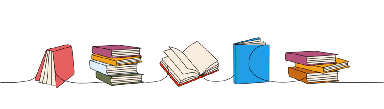 Set of books one line colored continuous drawing. Bookstore, library continuous one line colorful illustration. Vector minimalist linear illustration.