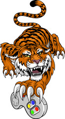 A tiger gamer with video game controller sports team animal mascot