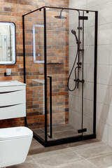 Shower room interior with glass partition, black shower and wall mounted toilet