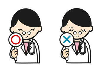 マルとバツのプラカードを持つ女医