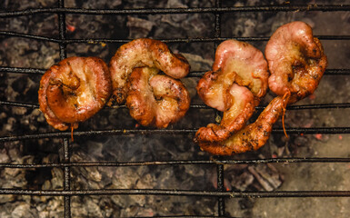 Cow bowels presented on a grill. Argentine Traditional cuisine.