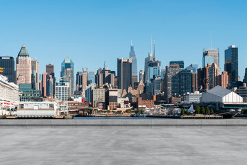 Naklejka premium Skyscrapers Cityscape Downtown, New York Skyline Buildings. Beautiful Real Estate. Day time. Empty rooftop View. Success concept.