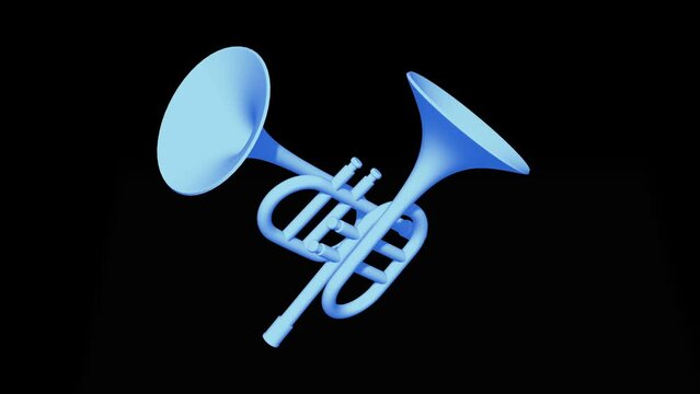Trumpet pipe fife musical instrument spin on black background. 4K FullHD and HD render footage animation