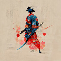 An Ink Japanese Art Illustration of a Samurai holding a Katana