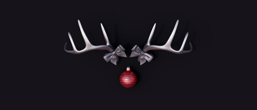 Reindeer silver antlers and red Christmas ball on black background. Christmas Holidays greeting card concept 3d render 3d illustration