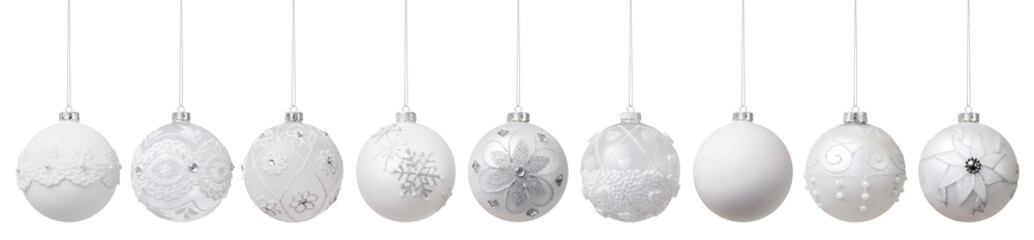 Merry Christmas set white hanging balls decorated with crochet fabric flower and glitter pearls pattern, isolated on white background, objects template, greeting gift card or promo advertising banner