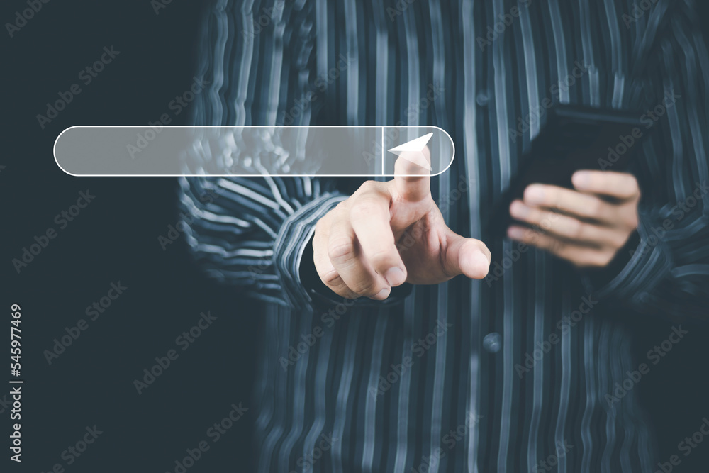 Wall mural search engine optimization concept man's hand using a computer to search for information on the inte