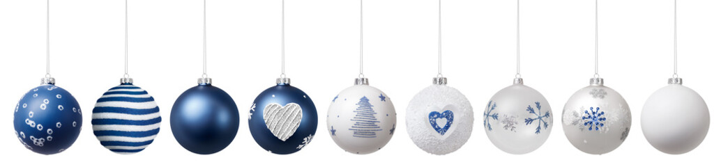 Merry Christmas set blue hanging balls decorated with heart, tree, snowflake and glitter pearls...