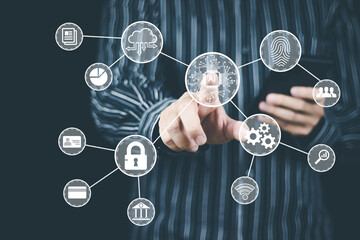 Digital transformation technology concept of men's fingers turning to AI icons to show how business technology innovation has transformed into a modern digital society.