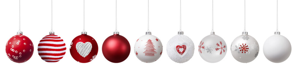 Merry Christmas set red hanging balls decorated with heart, tree, snowflake and glitter pearls...