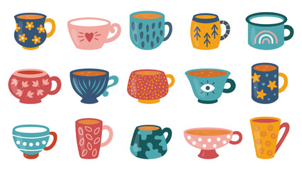 Various tea or coffee cups. Kitchen, breakfast, tea ceremony or ceramic crockery theme. Full and empty cartoon mugs with different ornament. Vector illustration on white background. 