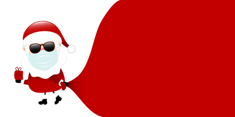 Weihnachtsmann Maske Mit Sonnenbrille Zieht Sack Vorwärts Hintergrund Weiß Dunkelrot